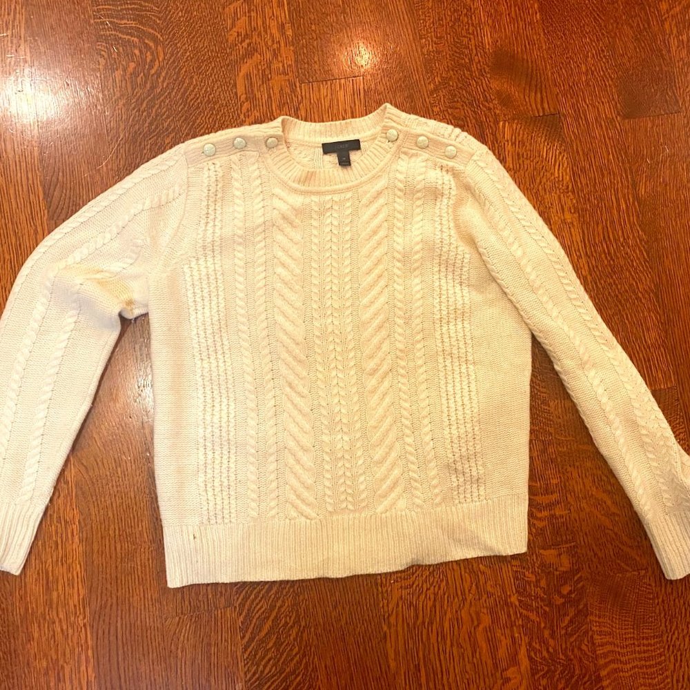 J Crew Wool Sweater White Cableknit Buttons at Shoulder (size M)